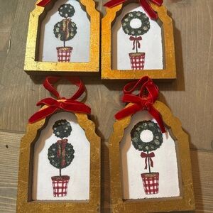 Set of (4) Gold frame topiary wood ornaments with Red velvet ribbon- New